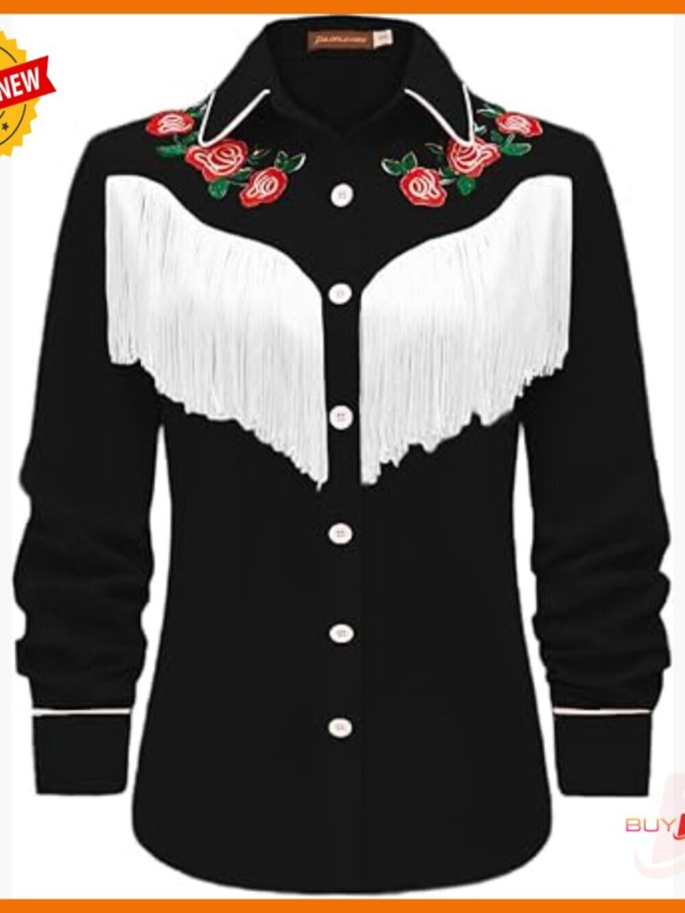 Women's Western Fringe Blouse Floral Embroidered Snap Collar Long Sleeve